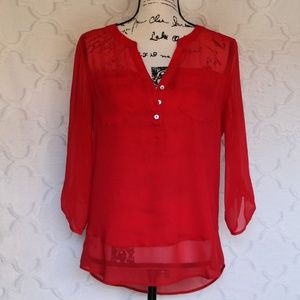 Semi Sheer Button Henley Blouse by Express